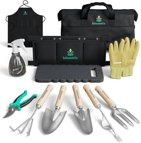 Bloomix 12 Pcs Gardening Tools Set – Heavy Duty Garden Tools Set with Tool Bag, Kneeling Pad, Apron & More Garden Accessories – Stainless Steel Plant Care Kit Supplies, Gardening Gifts for Women Men