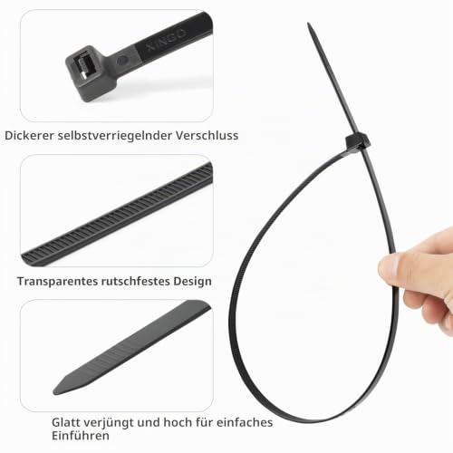 XINGO 100 Stück Lang Kabelbinder Schwarz, 400mm x 9mm breit, Zugfestigkeit 80KG, UV Beständig,Großer Kabelbinder Set für Kabelmanagement – Ansicht 4