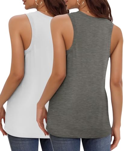 KKJ 2 Pack Womens Tank Tops Workout V Neck Tees Summer Sleeveless Loose Fit Casual Outfits Shirts Fall Fashion Clothes