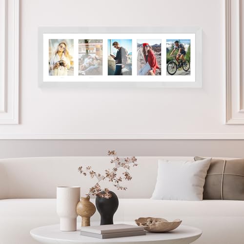 8x24 Oak Wood Picture Frame - 8x24 Photo Frame with Mat Display 5Pcs 4x6 Photos, 4x6 Picture Frame Wood, Natural Solid Wooden Picture Frames for Wall Art Photo and Prints(1 Pack, White)
