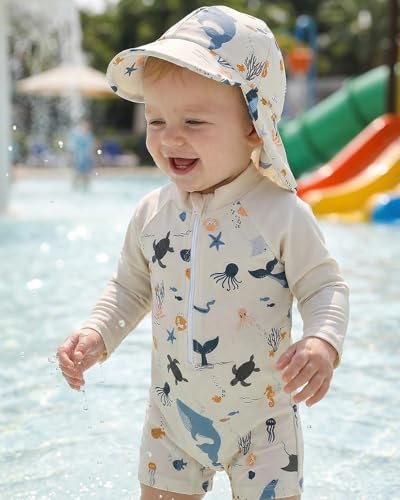 JiAmy Langarm UV Badebekleidung Baby Junge Badeanzug mit Hut Badeanzug Baby Kinder Schwimmanzug 9-12 Monate Beige