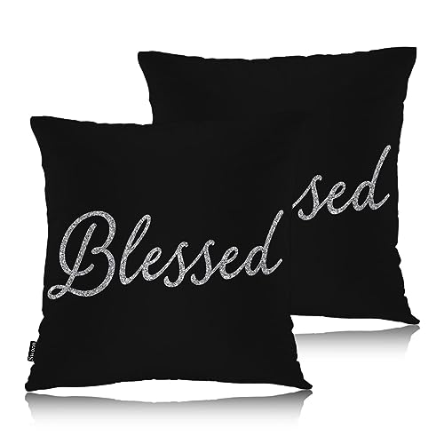 Swono Throw Pillow Covers Blessed, Bible Verse Blessed Accent Cushion Covers Decorative Pillowcase for Men Women, Christian Quote Sofa Bed Pillows Covers 18x18 Inch, Set of 2, Sparkling Black by Swono - Used condition - US$12.03