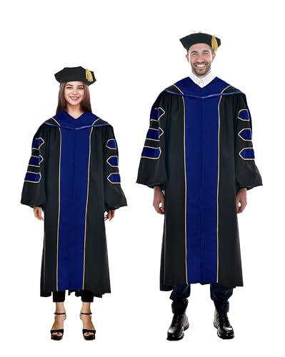 Image of Deluxe Graduation Doctoral Gown Doctoral Hood and Tam 8 Sided Package with Gold Piping Doctoral Regalia