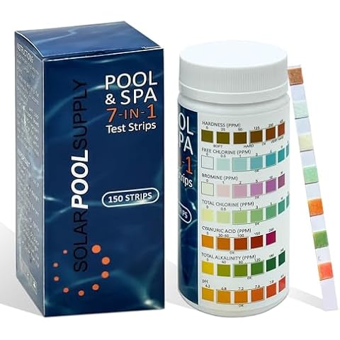 7-in-1 Pool Test Strips - 150 Pool Water Chemical Test Strips - Super Easy to Use - Results in Seconds - Great for Pools, Spas & More! Test pH, Chlorine, Alkalinity, Bromine, Hardness, Cyanuric Acid Cover