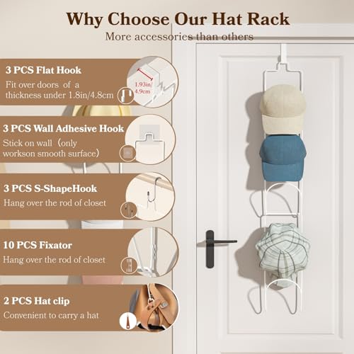 LINFIDITE 18 Pack Over The Door Hat Organizer for baseball caps Cap Halter Tür Hut Racks, Baseball Cap Halterung Schrank hängende Einstellbare Huthalter,für Schals Handtaschen Handtücher Kleidung Weiß