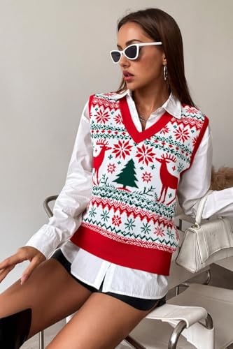 Image of JULYCLO Christmas Sweater Vest Women Ugly Xmas Reindeer Knit Sweaters Casual Santa Snowflake V Neck Sleeveless Outwear Tops