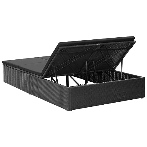 allesoky [Outdoor Sun Lounger Double Rattan Lounger with Cushion - Black Poly Rattan Furniture-Black