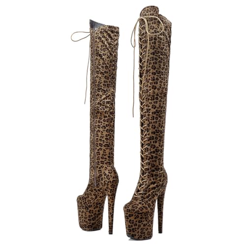 WUXIN H&P Women's Over The Knee Exotic Heels Boots Platform Zip Lace Up Sexy Leopard Print Fashion Party Round Toe Stiletto 8 inch Pole Dance Thigh High Heel3