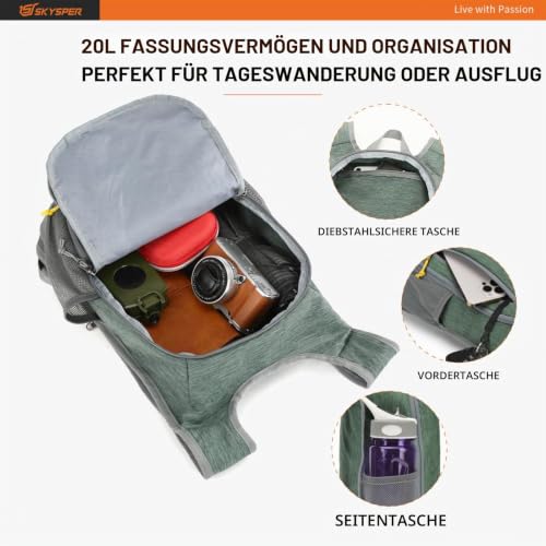 SKYSPER Faltbarer Rucksack 20L, Ultraleicht Wanderrucksack Kleiner – Ansicht 3