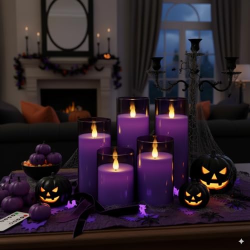 Image of Homemory Purple Flickering Flameless Candles, Battery Operated Acrylic LED Pillar Candles with Remote Control and Timer, Purple Decor, Set of 5