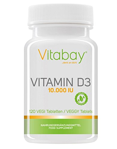 Vitabay - Vitamin D3 10000 I.E. - 120 Vegane Vit D 10000 Tabletten - Vitamin D Hochdosiert - Laborgeprüft