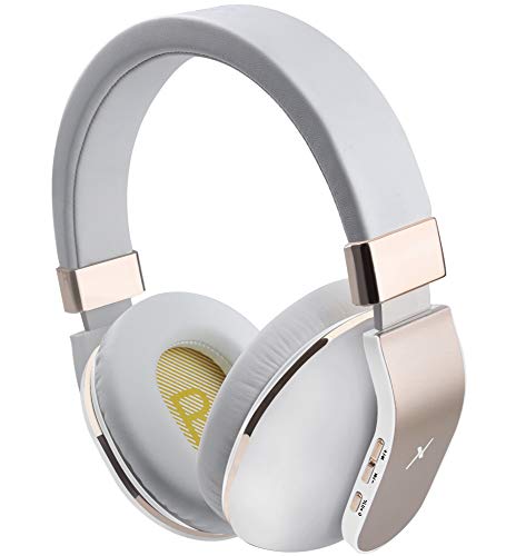 Riwbox XBT-780 Bluetooth Headphones Over Ear, Hi-Fi Stereo Wireless/Wired Headset with Built-in Microphone for Online Class, Home Office, PC/Cell Phones/TV (White&Gold)