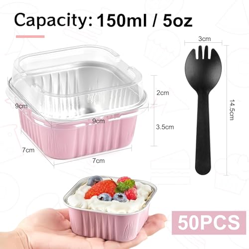 KAHEIGN 50Pcs Mini-Kuchen Förmchen Backförmchen aus Aluminiumfolie, 150ml Quadratische Backformen Kuchenförmchen mit Deckel… – Ansicht 4