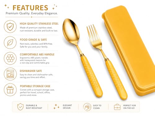 Image of JAXHOM Golden Stainless Steel Spoon and Fork Set - Durable Flatware with Plastic Handles & Travel-Friendly Case - Ideal for Lunchboxes, Camping, Office, School & On-the-Go Meals (C-6)