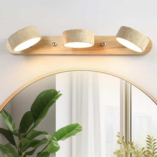 Wood Bathroom Vanity Light, Natural Wood & Travertine Shade, 3-Light Stone Wall Sconce, Wabi Sabi Farmhouse Vanity Lighting, 180° Linear Minimalist Bathroom Lamp Over Mirror (30W LED), Natural Color