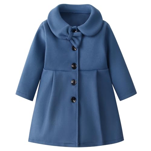 Image of USKIDKK Toddler Baby Girl Coat Long Sleeve Solid Color Buttons Clothes Jacket Little Girls Dress Coat Fall Winter Outfit (Blue,4-5T)