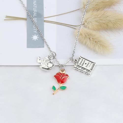 UJIMS Beauty Movies Gifts Mirror and Rose Charm Necklace Princess Fans Jewelry Beauty Fairy Story Gift4