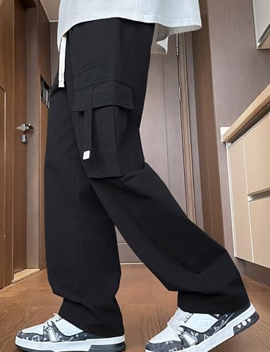 SEAUR Boy's Cotton Cargo Pants Casual Drawstring Elastic Waist Sweatpants Wide Leg Workout Trousers with Pockets 7-16 Years2