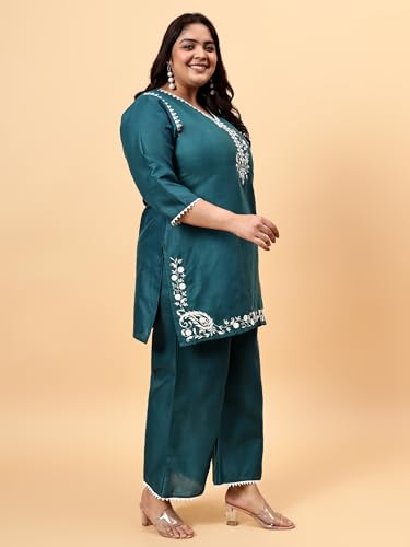 Image of Bani Women Emroidered Kurta Set Co-Ord Set Plus Size Top and Trouser Set 2 Piece Outfit, 3 /4 Sleeves Embroided V Neck, Coord Sets for Women| Western Dress, Stylish Design for All Occasions