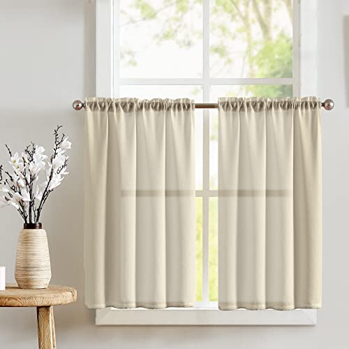 jinchan Beige Kitchen Curtains Linen Tier Curtains 24 Inch Farmhouse Cafe Drapes for Small Window Flax Country Rustic Rod Pocket Bathroom Laundry Room RV Light Filtering 2 Panels Crude