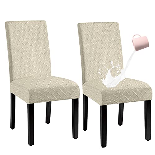 BOGUANG Funda impermeable para silla de comedor, tela de elastano, funda elástica para silla, extraíble lavable, jacquard Parsons (beige, juego de 2)