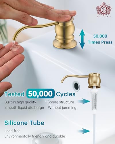 Image of Built in Deck Mount Liquid Lotion Kitchen Countertop Metal Soap Dispenser, Brushed Gold Brass Dispenser Pump with 47.2 inch Silicone Long Tube for 0.79 inch- 1.38 inch High Capacity Bottle Mouths