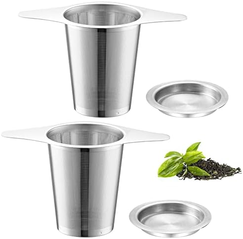 Tea Filter Strainer with Lid, 2 Pieces Double Handles Tea Filter, Stainless Steel Tea Strainer with Lid, 304 Stainless Steel Tea Strainer, for Teapots, Mugs, Cups to Loose Leaf Tea and Coffee