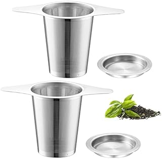 Tea Filter Strainer with Lid, 2 Pieces Double Handles Tea Filter, Stainless Steel Tea Strainer with Lid, 304 Stainless Steel Tea Strainer, for Teapots, Mugs, Cups to Loose Leaf Tea and Coffee