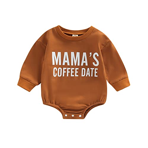 Image of Kuriozud Newborn Baby Boy Girl Sweater Romper MAMAs Coffee Date Oversized Sweatshirt Fall Winter Clothes Valentines Day Outfit (Mama's Coffee Date Brown, 0-3 Months)