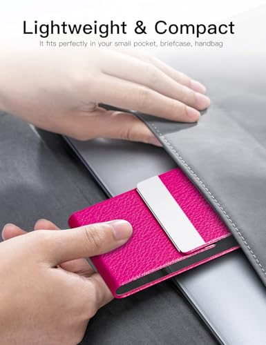 Image of Padike PU Leather Business Card Holder for Women Professional Business Name Card Holder Stainless Steel Business Card Case with Magnetic Shut (Rose red)