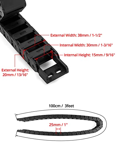QWORK R28/38 15 mm x 30 mm semi-fechado cabo de plástico preto corrente de arrasto, pacote com 4 1 m