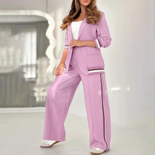 Women's Two Piece Outfits Casual Blazer Jacket and Wide Leg Work Pants Business Suit Color Block Tracksuit Sets 7