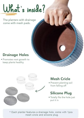 Image of LE TAUCI Ceramic Plant Pots with Drainage Holes, Set of 3, 8+6.7+5.5 Inch Stripe Garden Planter Pots for Outdoor Indoor Plants Flower, Round Succulent Orchid Flower Pot, Reactive Glaze Green