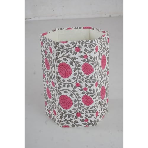 Image of Floral Hand Block Printed 3.3 Gallon Decorative Waste Basket - Eco-Friendly Cardboard Trash Can, Plastic-Free & Sustainable, Perfect for Christmas and Housewarming Gifts (1, Pink GEDHA FLOWAR)