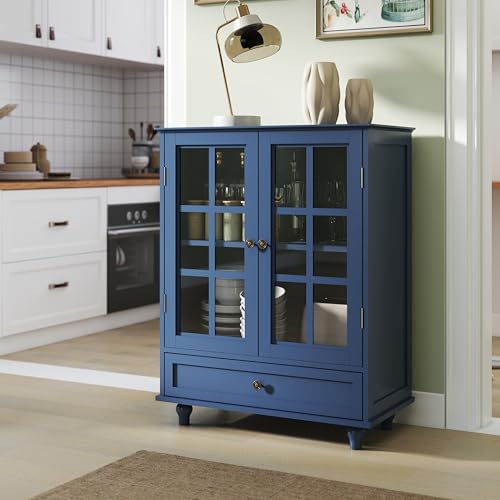agnixnaf Blue Kitchen Sideboard with 2-Tiers & Drawer, Double Glass