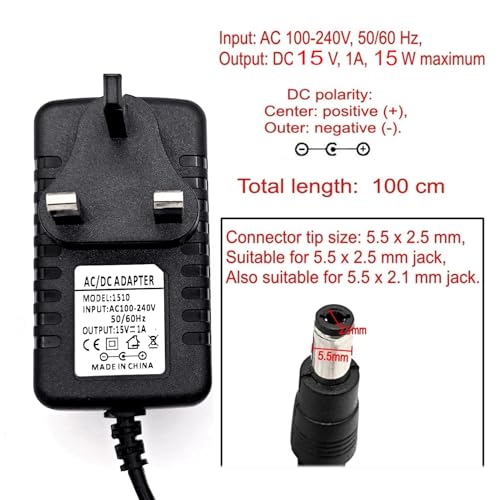 JZK 15V 1A charger power supply replacement, 15 volt AC to DC power adapter, wall charger plug for litter-robot and more 15V devices