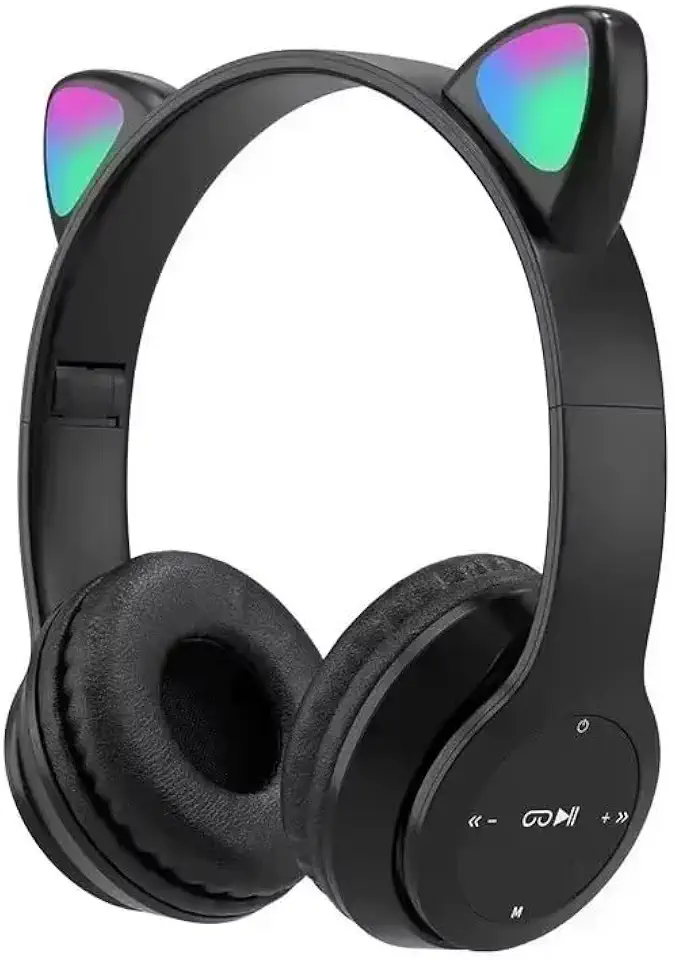 Fone De Ouvido Com Orelha de Gatinho Cat Ear Headphone Bluetooth com Luzes RGB para crianças e adultos (Preto - Unissex)