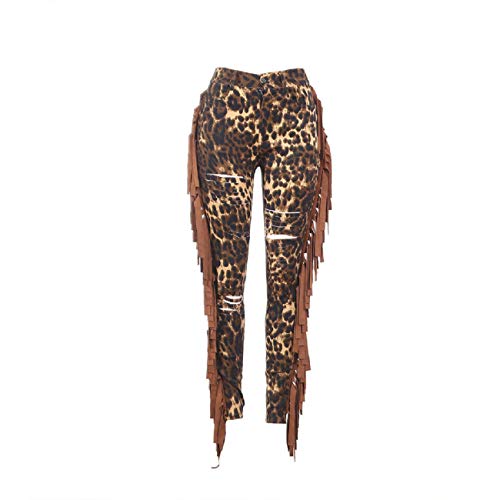 image for Tsmile Women Suede Leather Pants Fringe Tassel Leopard Print Ripped Hi