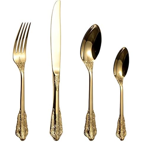 SUMONTER 16 Piece Cutlery Set, Vintage Palace Stainless Steel Flatware Silverware Set with Knives/Forks/Spoons/TeaSpoons, Service for 4, Mirror polished,Dishwasher Safe (Gold) Cover