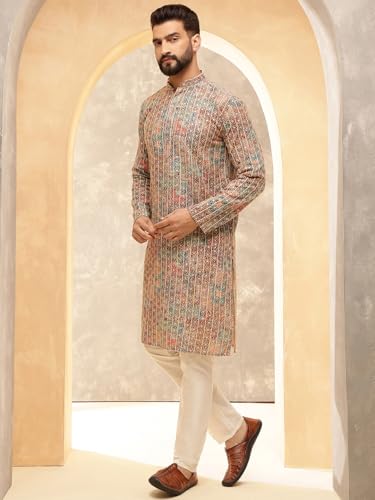Sojanya (Since 1958 Men'S Cotton Silk Gold Thread Floral Embroidered Kurta With White Pyjama3