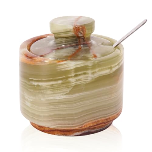 MARBLOUS KRAFTS Bodega de sal de mármol con tapa y cuchara de 3 pulgadas, ónix verde celta y soporte de sal marina, almacenamiento de cocina, recipiente de café para decoración de mesa