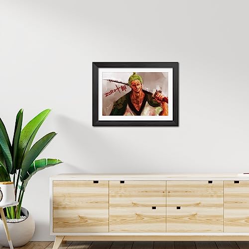 Image of TenorArts Roronoa Zoro Poster One Piece Anime Posters Laminated Photo Frame Painting with Matt Finish Black Textures (12inches x 9inches)