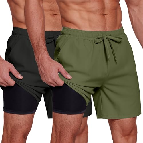 COOFANDY Men's 2 in 1 Running Shorts 2 Pack Athletic Shorts Quick Dry Lightweight Gym Training Workout Sports Shorts with Pockets Black/Army Green