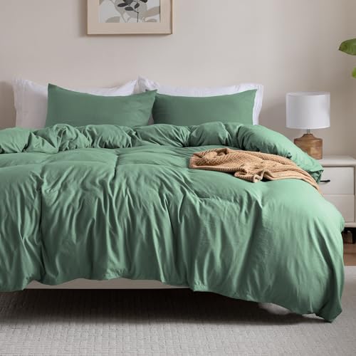 Image of Super Soft Queen Duvet Cover Set, 3 Piece Prewashed Microfiber Cotton-Like Bedding Set, Granite Green Duvet Cover 90x90 with Button Closure, 2 Pillow Shams for All Seasons,Comforter Not Included