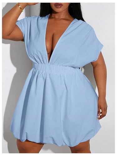 Image of WDIRARA Women's Plus Size Deep V Neck Bubble Dress Short Sleeve A Line Mini Dresses