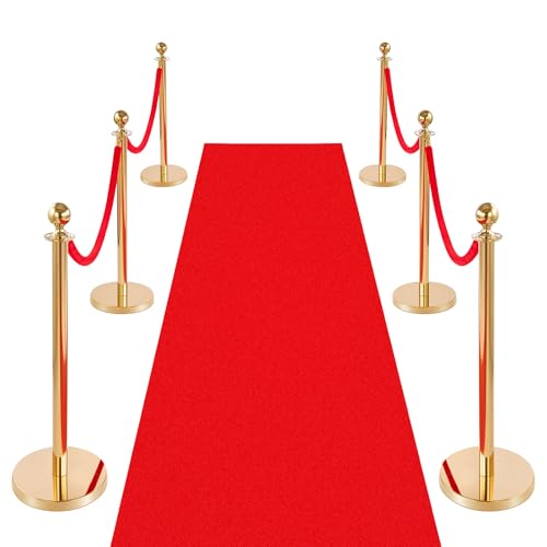 VEVOR Poteau de Guidage 6PCs, Potelet Guide-file avec 4 Cordes en Velours et Tapis Rouge, pour Contrôle de Foules Théâtre Fête Mariage Exposition, Poteau de Balisage en Inox Doré avec Base Creuse