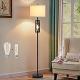 Farmhouse Floor Lamp with Night Light, Black Standing Lamp for Living Room, 2 E26 LED Bulbs Included, Industrial Floor Reading Lamp with Beige Fabric Lampshade, 64” Tall Lamp for Bedroom Office Corner