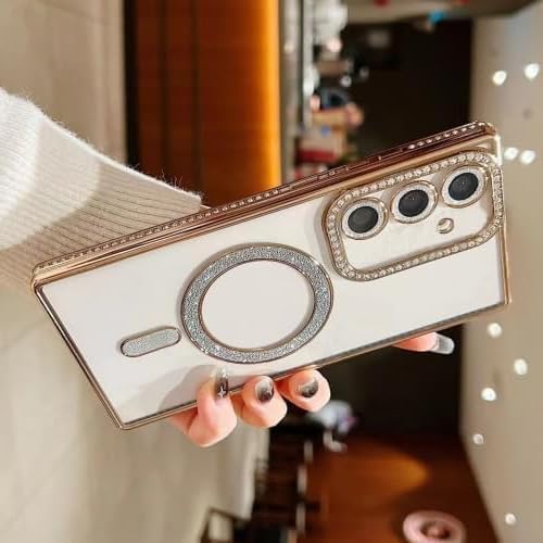 Image of for Samsung Galaxy A37 5G Glitter Case,Luxury Bling Rhinestone Diamond Plated Bumper Case,MagSafe, Sparkle Camera Lens Protection Clear Back Cover for Samsung Galaxy A37 5G (Gold)