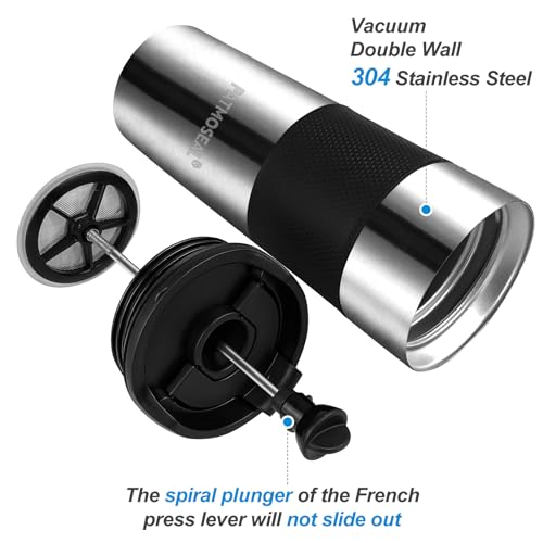 patmoseal Insulated French Press Travel Mug Leak-Proof, Portable Coffee Maker, Vacuum Cafetiere 3 Cups for Travel, Camp, 15oz/450ml (Silver) - Image 3
