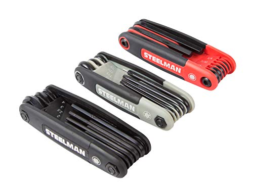 Image of Steelman 3-Piece Set Folding Hex Key Wrench Tools, SAE, Metric, and Torx Allen Wrench Sets, Chamfered Ends, Rubberized Grip